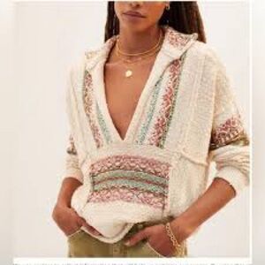 Anthropologie Cream and Brown V-Neck Sweater with Green Details